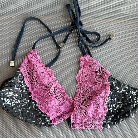 Pink and grey Lace Sequin Beach Bunny Top - Picture 1 of 5